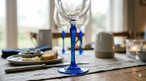 Close-up view of a clear crystal wine glass bowl transitioning into a vibrant cobalt blue stem.