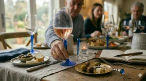 A pair of blue stem wine glasses securely packaged in a premium gift box.