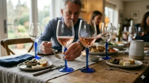 Comparison between traditional clear wine glasses and modern glasses with blue tinted stems.
