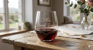 A bridesmaid-themed personalized stemless wine glass featuring elegant rose gold calligraphy.