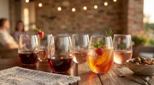 A festive party spread featuring several plastic stemless wine glasses with colorful garnishes.