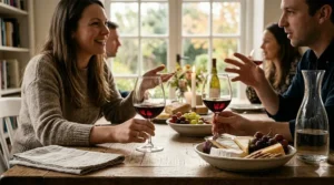 Friends enjoying appetizers and wine using short stem glasses in a relaxed living room setting.