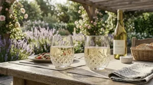 A casual outdoor patio table set with Waterford stemless wine glasses for a modern summer gathering.