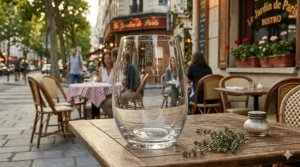 A crisp pour of Sauvignon Blanc in a French-style stemless glass with condensation.