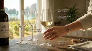 Narrower long stem wine glass for crisp white wines like Sauvignon Blanc.