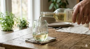 Crisp white wine poured into a hammered-texture recycled stemless wine glass.