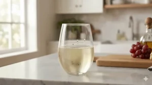 Crisp white wine in a Crate and Barrel stemless glass with condensation on the rim.