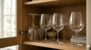 Short stem wine glasses stacked efficiently in a small kitchen cabinet to show space-saving benefits.