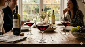Close-up of a clear crystal short stem wine glass showing the sturdy base and bowl shape.