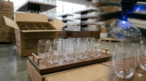 Personalized stemless wine glasses with custom logos for corporate gifting or events.