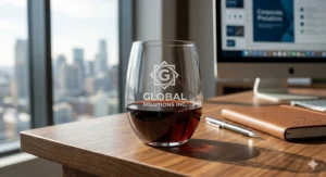 A professional personalized stemless wine glass featuring a sandblasted corporate logo for a business gift.
