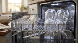 Modern plastic stemless wine glasses being loaded into the top rack of a dishwasher.