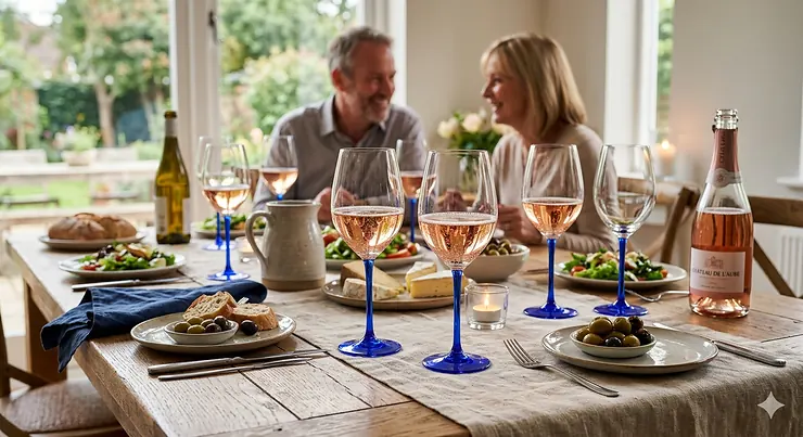 A set of elegant wine glasses with deep blue stems arranged on a formal dining table. blue stem wine glasses