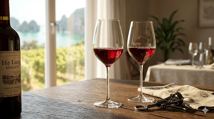 A pair of elegant long stem wine glasses filled with red wine on a dark wooden table.