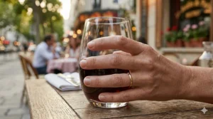 A close-up of a hand holding an ergonomic French bistro stemless wine glass.