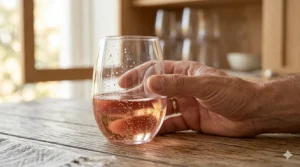 Close-up shot of a thumb grip on an ergonomic plastic stemless wine glass for a secure hold.