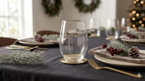 Elegant holiday table setting featuring Crate and Barrel stemless wine glasses and gold cutlery.