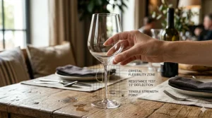 A detailed engineering diagram illustrating the flexibility zone and lateral resistance of a thin stem crystal wine glass under gentle pressure.