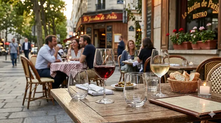 A set of four elegant French bistro stemless wine glasses filled with red wine on a wooden cafe table.