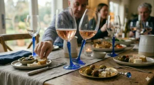 Hand-blown artisanal wine glass with unique bubbles in the glass and a handcrafted blue stem.