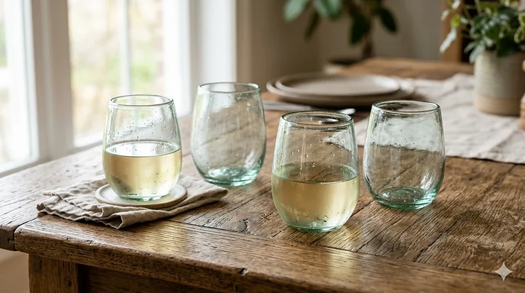 A set of four handcrafted recycled stemless wine glasses with a subtle green tint on a wooden tabletop.
