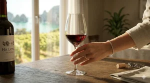 Illustration of a hand holding a wine glass by the long stem to prevent warming the wine.