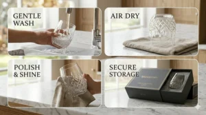 Illustration showing the proper hand-washing technique for Waterford crystal stemless glassware to maintain clarity and shine.