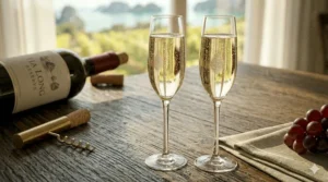 Elegant long stem champagne flutes with rising bubbles for a celebratory toast.