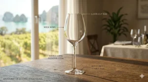 Diagram showing the bowl, rim, and extra-long stem of a crystal wine glass.
