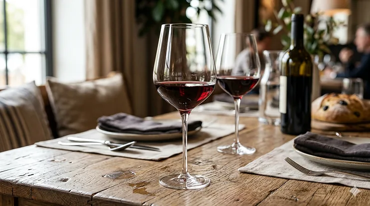 Elegant hand-blown thin stem wine glasses on a minimalist dining table.