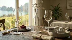 Minimalist illustration of sleek long stem wine glasses as a modern dining table centerpiece.