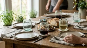 A modern dinner table setting featuring recycled stemless wine glasses and linen napkins.