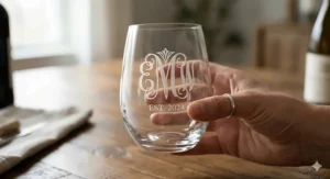 Close-up of a laser-engraved monogram on a crystal personalized stemless wine glass.