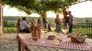 Stemless French bistro glasses on an outdoor patio table during a summer sunset.