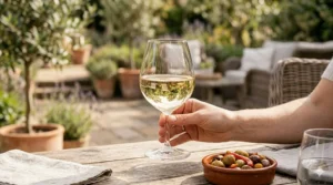 A hand holding a short stem wine glass on a sunny patio, highlighting its tip-resistant design.