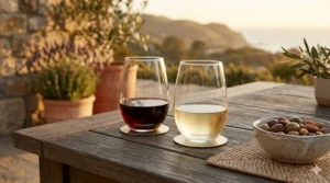 Two Crate and Barrel stemless wine glasses on a wooden patio table during sunset.