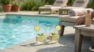 Two clear plastic stemless wine glasses sitting poolside on a summer day.