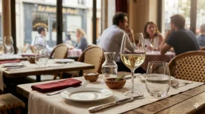 Classic Parisian bistro table setting featuring stemless wine glasses and linen napkins.