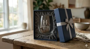 A personalized stemless wine glass tucked safely inside a premium padded gift box with a ribbon.