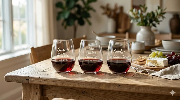 A set of three personalized stemless wine glasses with custom engraved initials on a wooden tabletop.