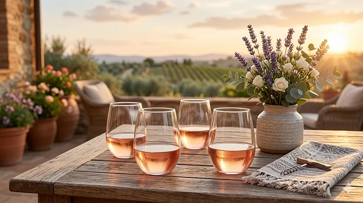 A set of four elegant plastic stemless wine glasses filled with rosé on an outdoor patio table during sunset.