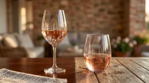 A side-by-side comparison of a crystal wine glass and a high-clarity plastic stemless wine glass.