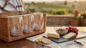 Plastic stemless wine glasses tucked into a picnic basket alongside cheese and crackers.