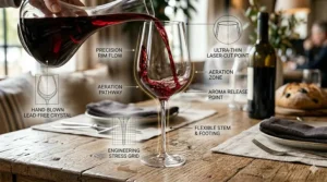 A photorealistic illustration featuring technical diagrams of the aeration path and sensory flow during a red wine pour into a thin stem crystal wine glass.