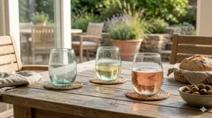 Sustainable stemless wine glasses made from recycled materials sitting on an outdoor patio table.