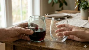 A side-by-side comparison showing the unique character and bubbles of recycled stemless wine glasses.