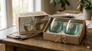 Eco-friendly gift packaging containing a pair of recycled stemless wine glasses.