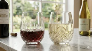 Waterford stemless crystal glasses filled with red and white wine to show versatility for different varietals.