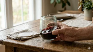 Red wine swirling inside a thick-base recycled stemless wine glass highlighting its clarity.