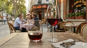 Close-up of the subtle ribbed texture and weighted base of a French bistro wine glass.